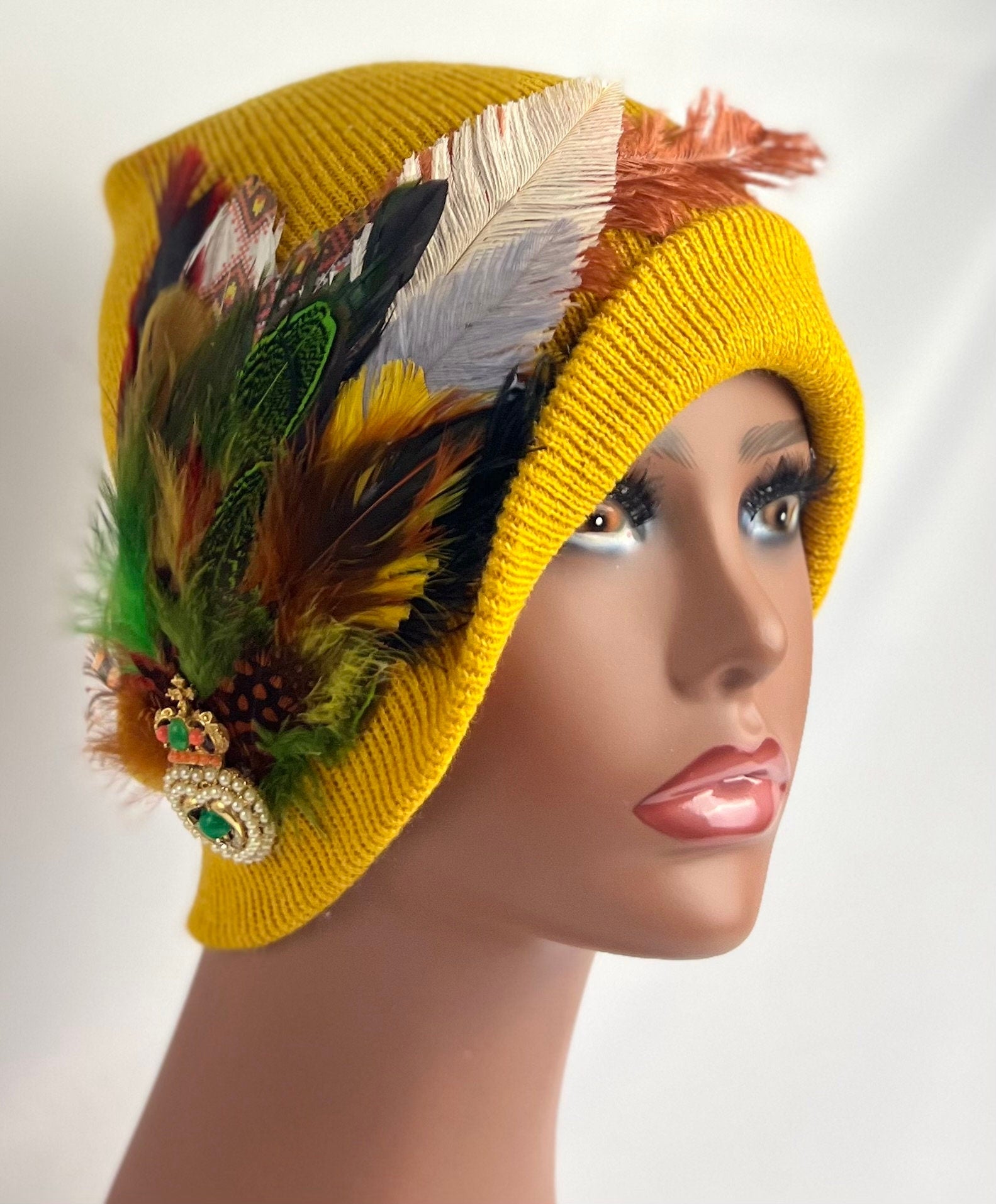 Embellished Feathered & Jeweled Knit Hat