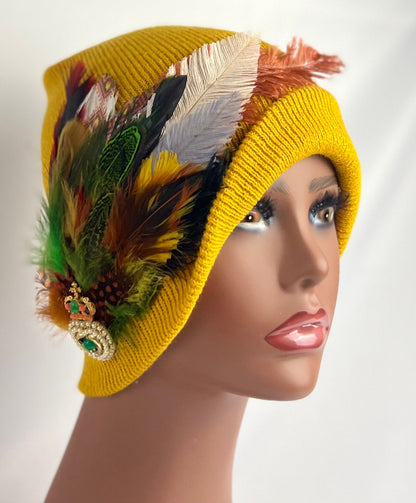 Embellished Feathered & Jeweled Knit Hat