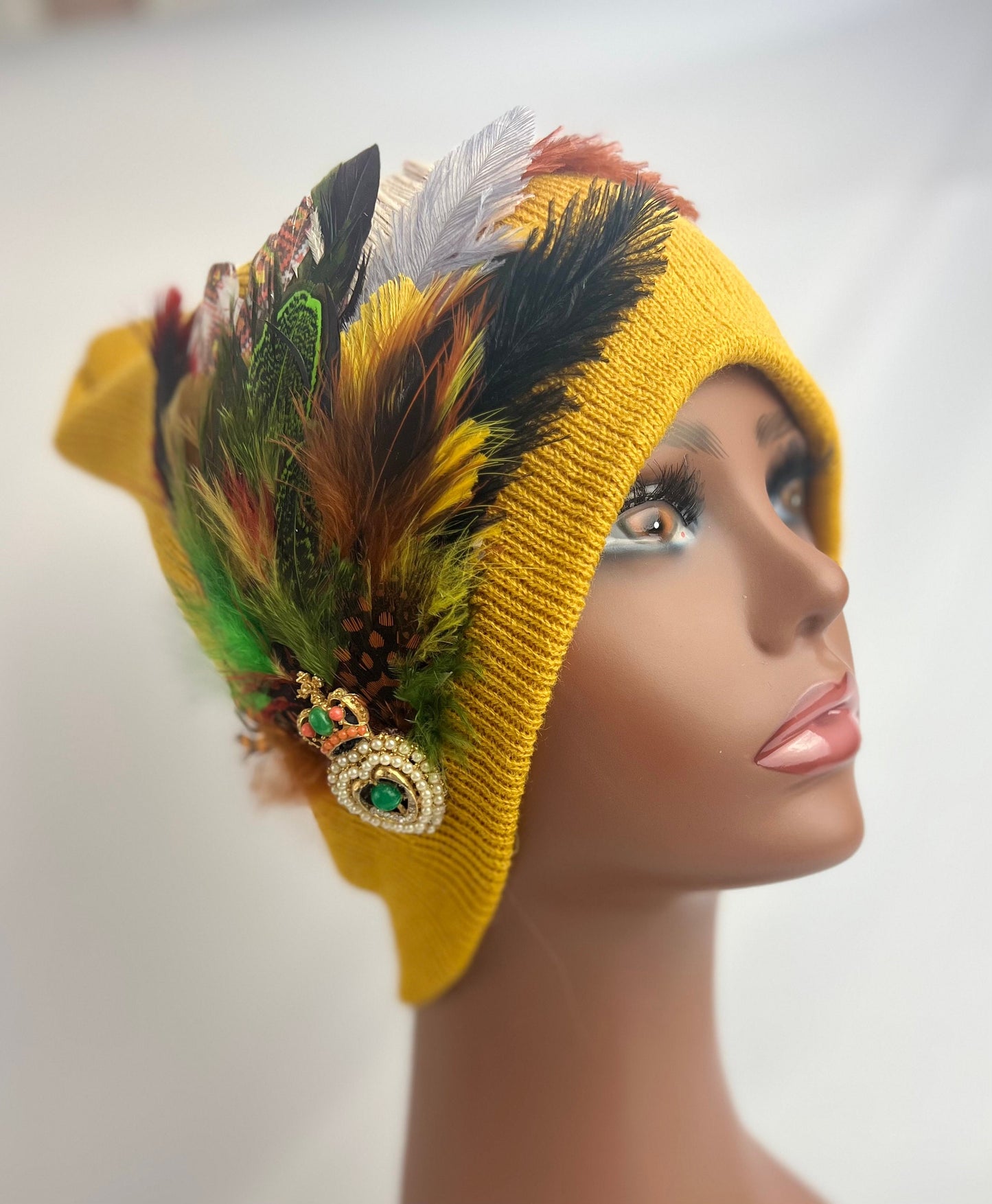 Embellished Feathered & Jeweled Knit Hat