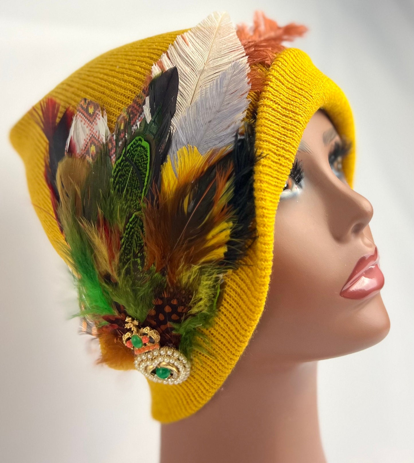 Embellished Feathered & Jeweled Knit Hat