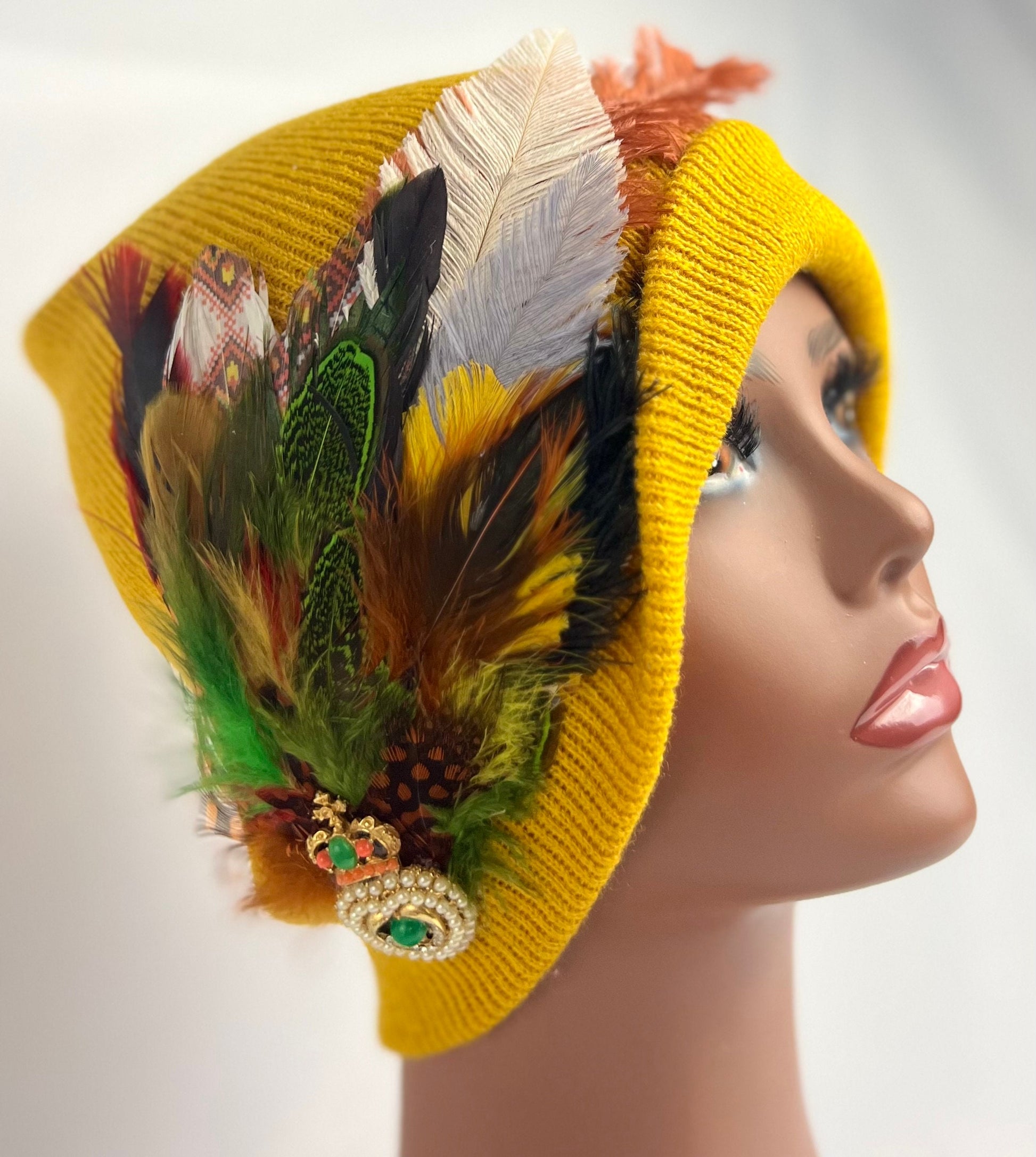 Embellished Feathered & Jeweled Knit Hat