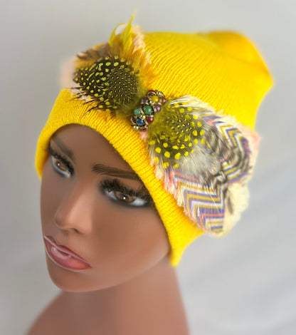 Embellished Feathered & Jeweled Knit Hat