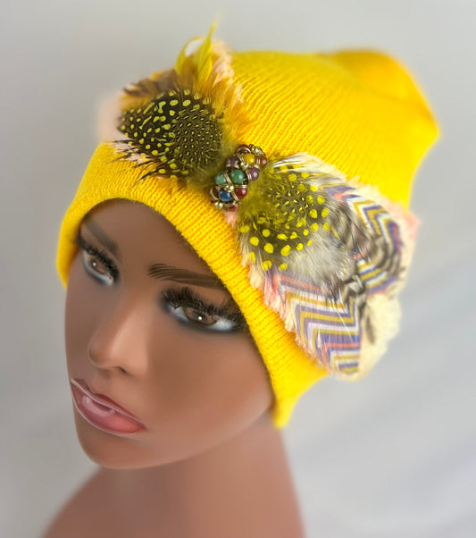 Embellished Feathered & Jeweled Knit Hat
