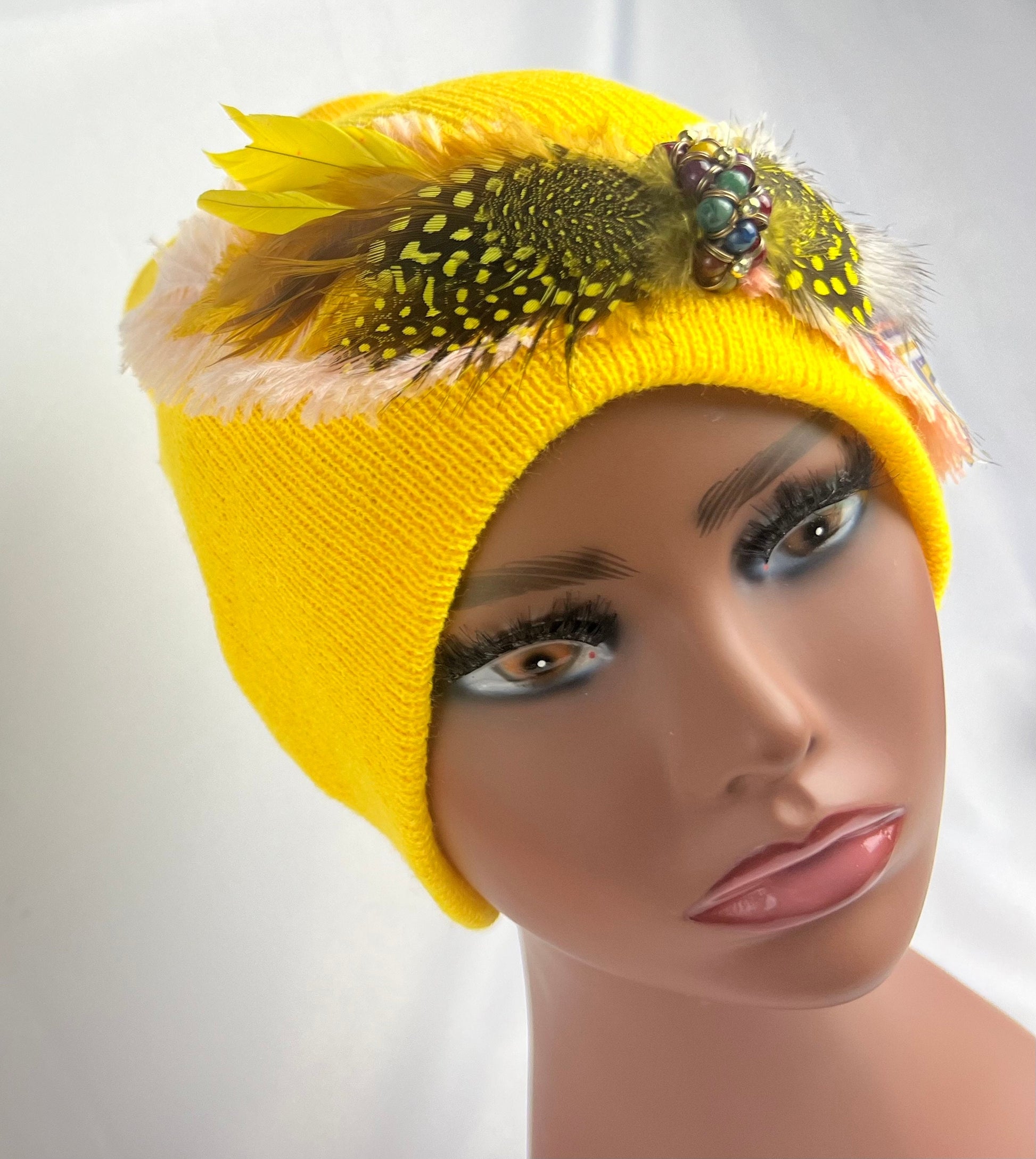 Embellished Feathered & Jeweled Knit Hat