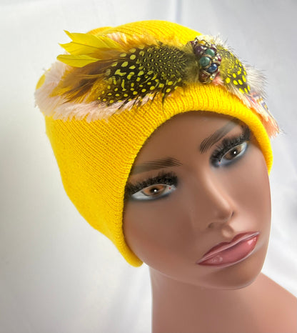 Embellished Feathered & Jeweled Knit Hat