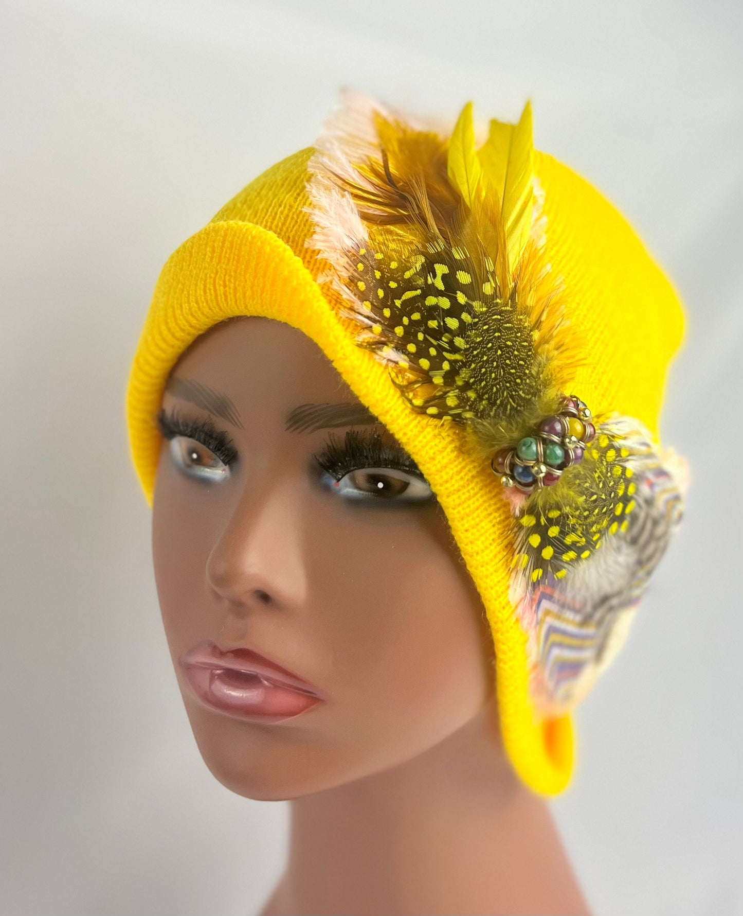 Embellished Feathered & Jeweled Knit Hat