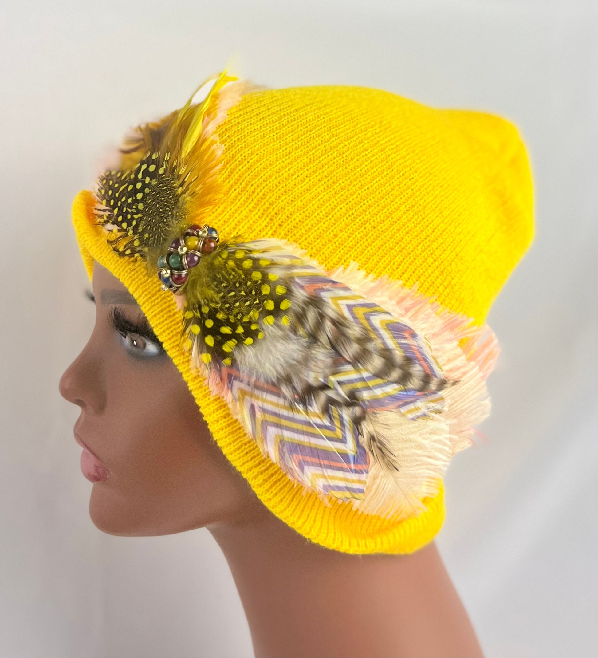 Embellished Feathered & Jeweled Knit Hat
