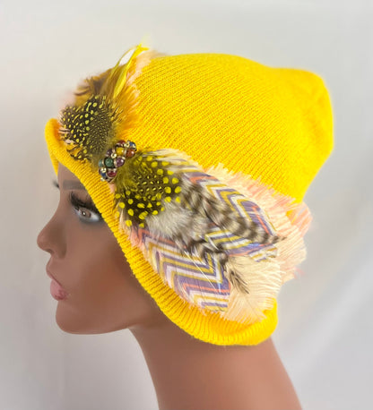 Embellished Feathered & Jeweled Knit Hat