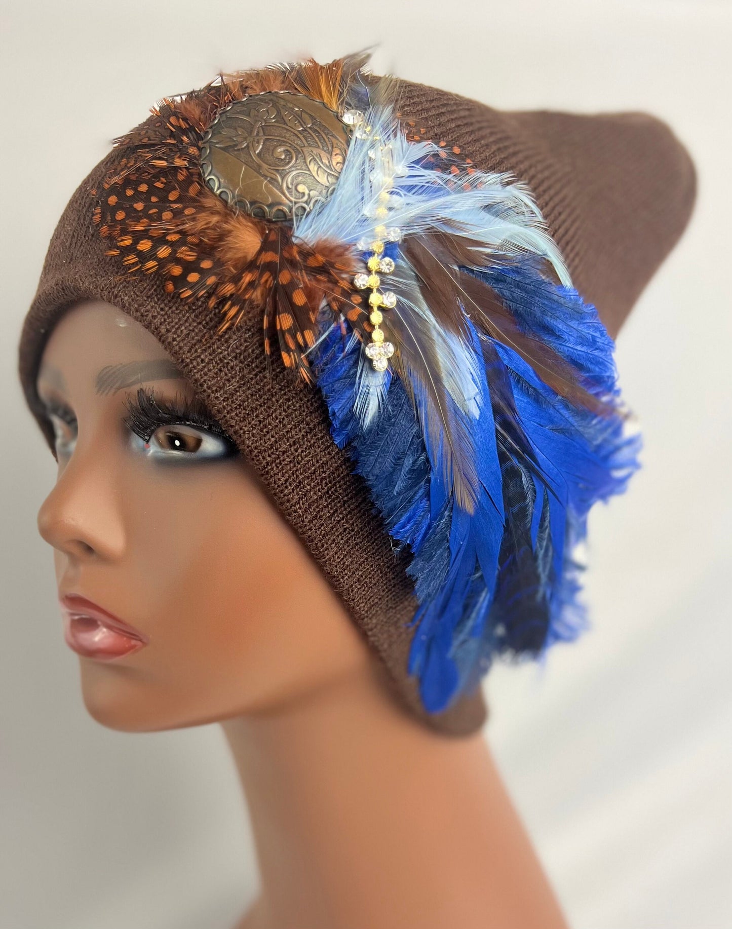 Embellished Feathered & Jeweled Knit Hat