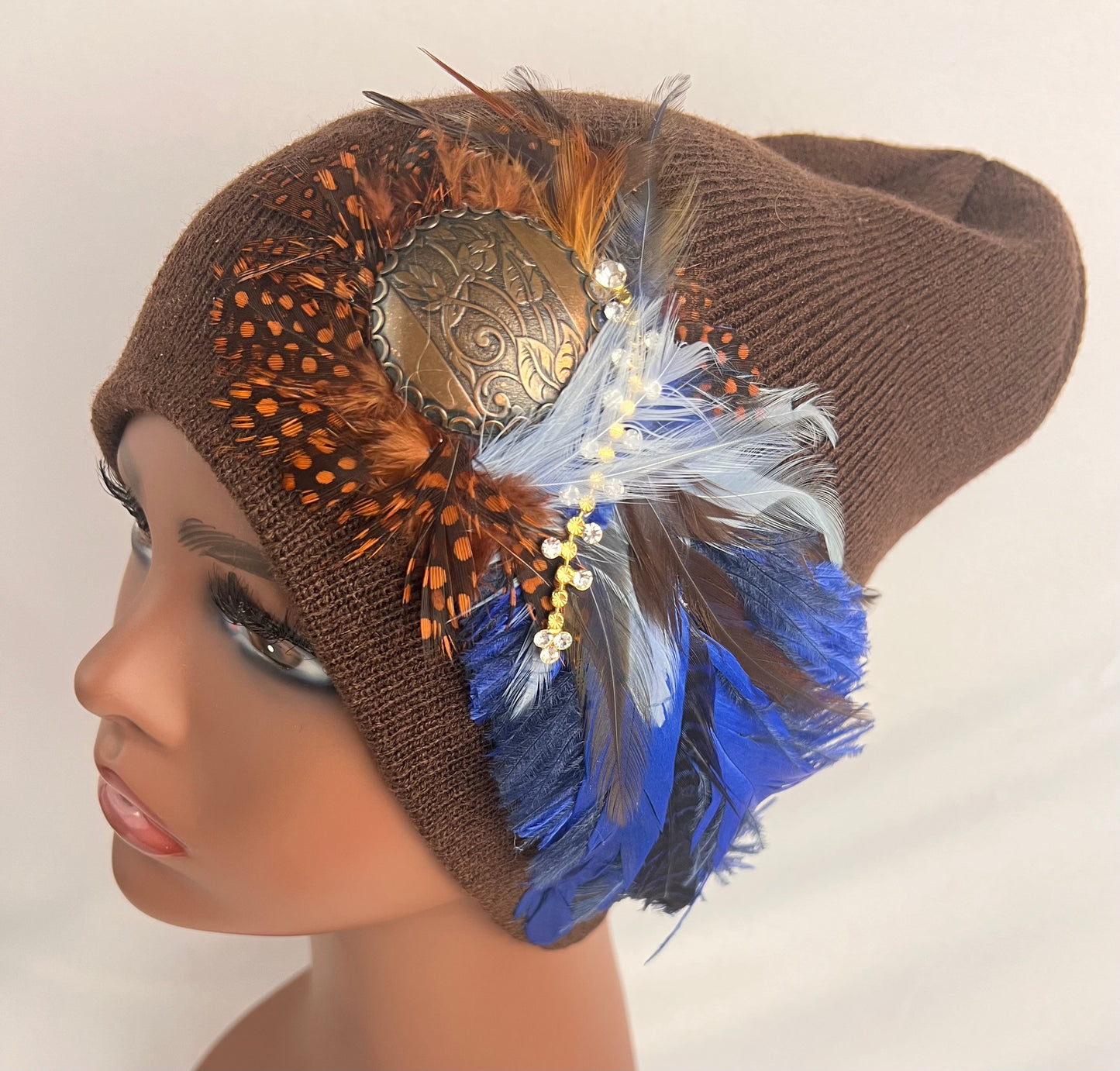 Embellished Feathered & Jeweled Knit Hat