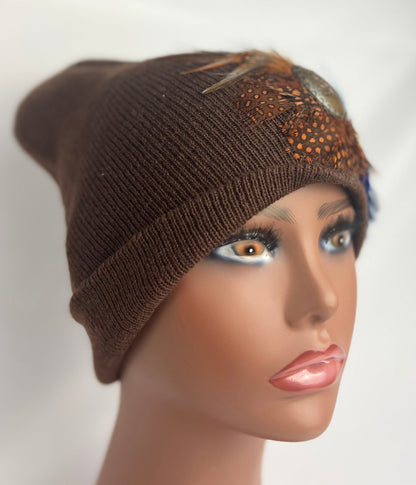 Embellished Feathered & Jeweled Knit Hat