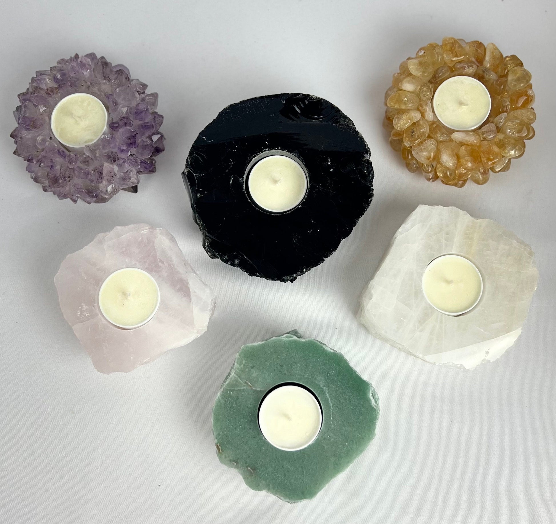 Rough Stone Candle Holder - Green, Rose, & White Quartz