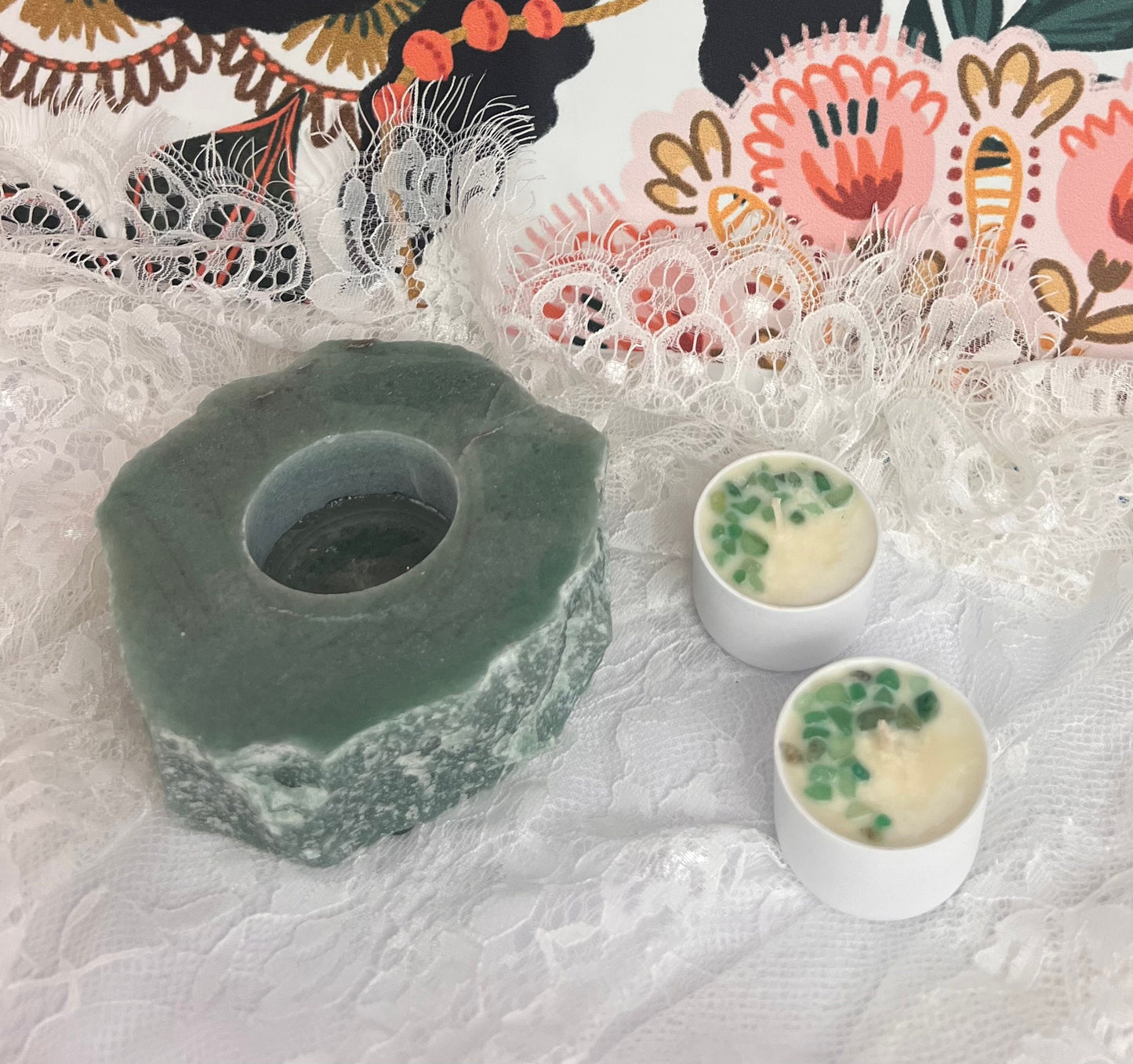 Rough Stone Candle Holder - Green, Rose, & White Quartz