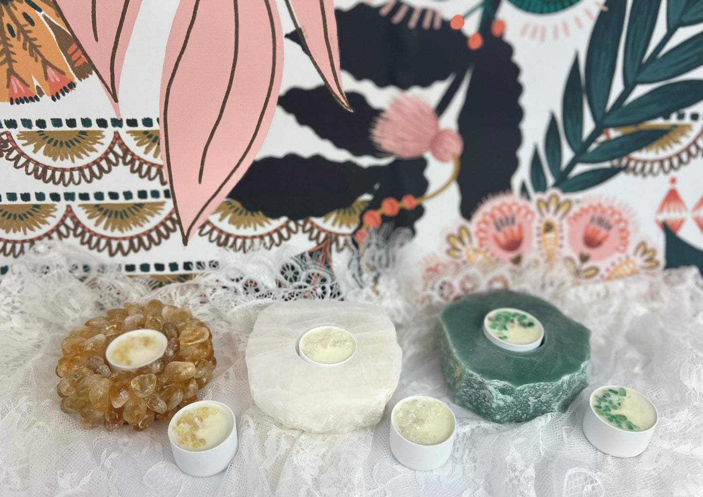 Rough Stone Candle Holder - Green, Rose, & White Quartz