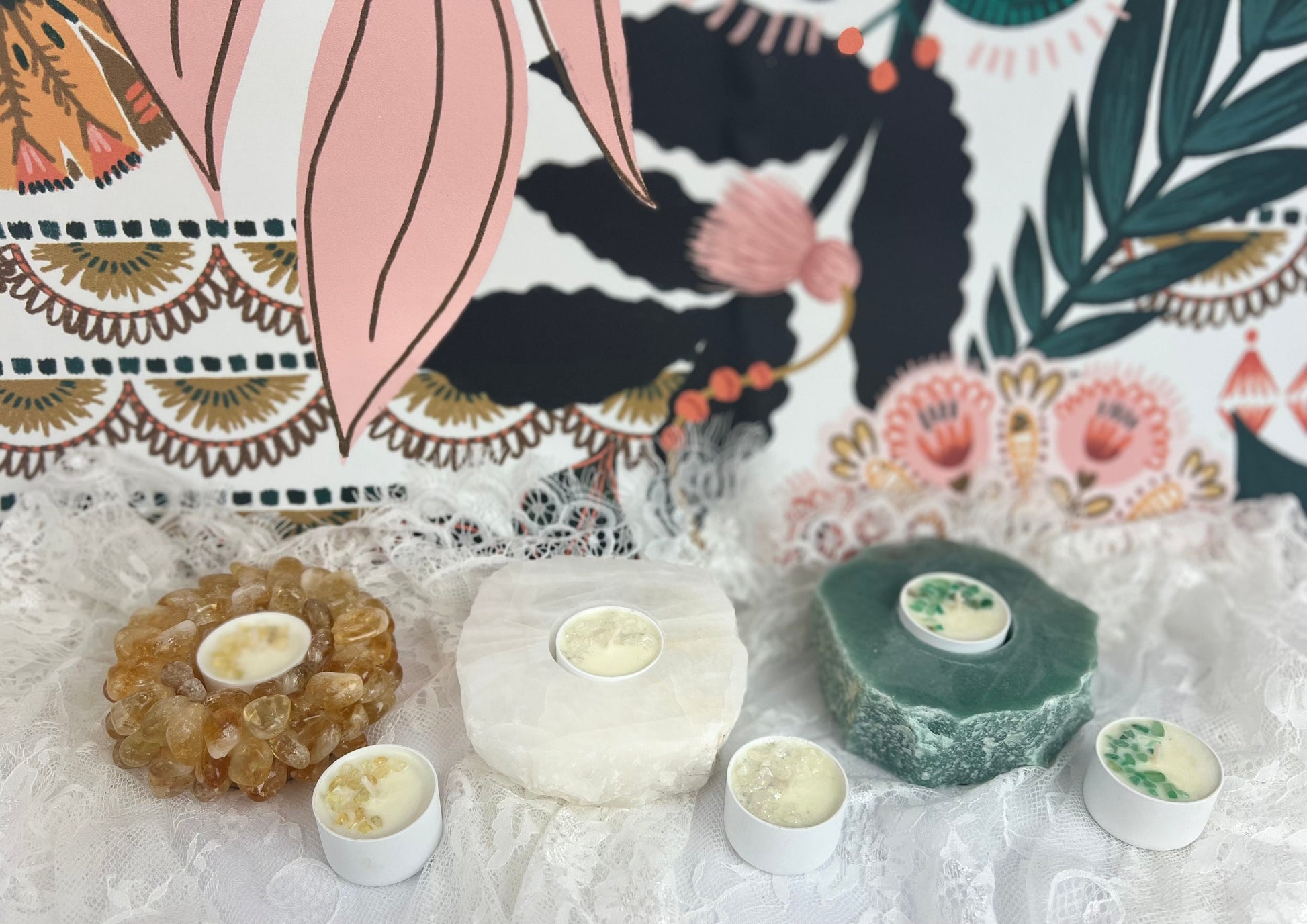 Rough Stone Candle Holder - Green, Rose, & White Quartz