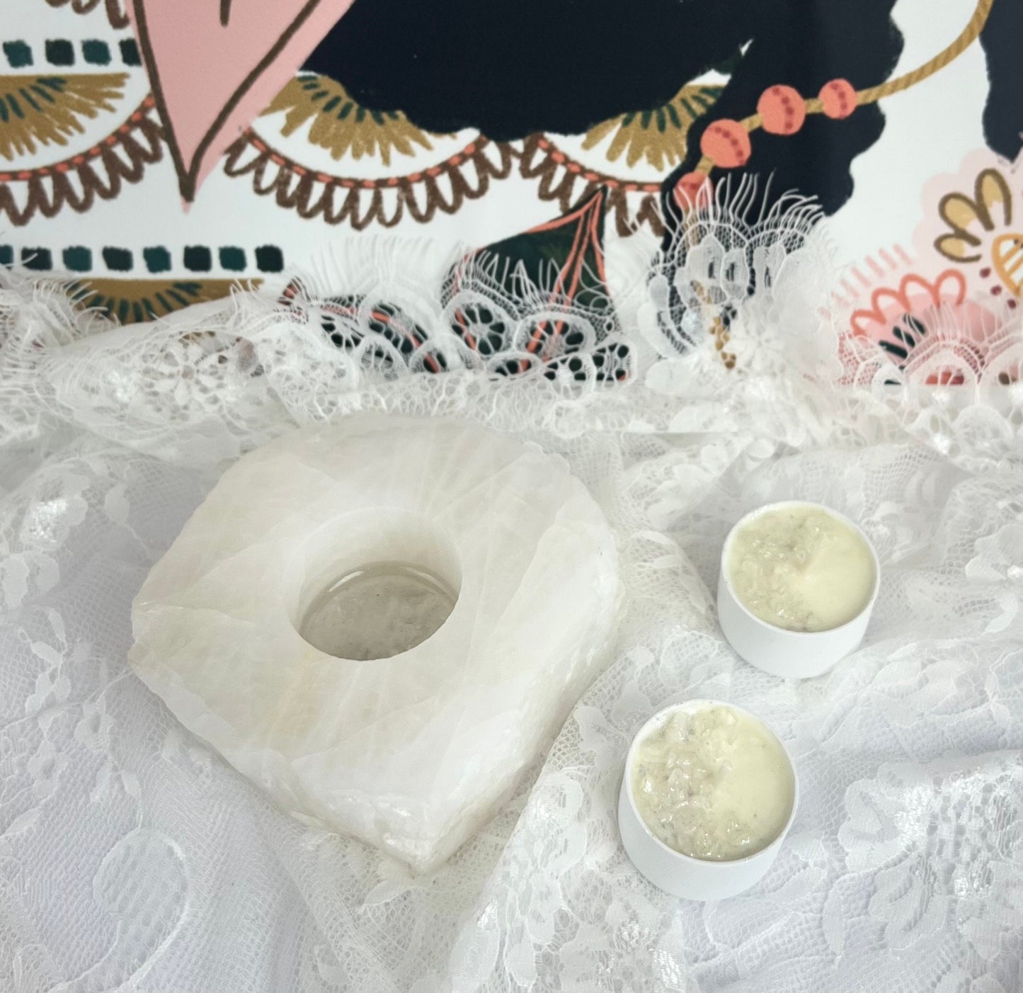 Rough Stone Candle Holder - Green, Rose, & White Quartz