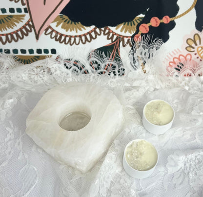 Rough Stone Candle Holder - Green, Rose, & White Quartz