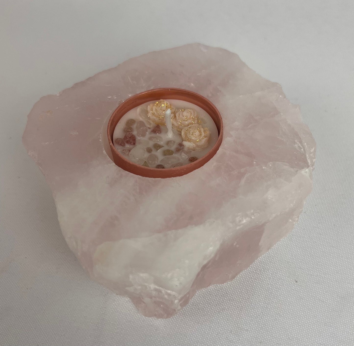 Rough Stone Candle Holder - Green, Rose, & White Quartz