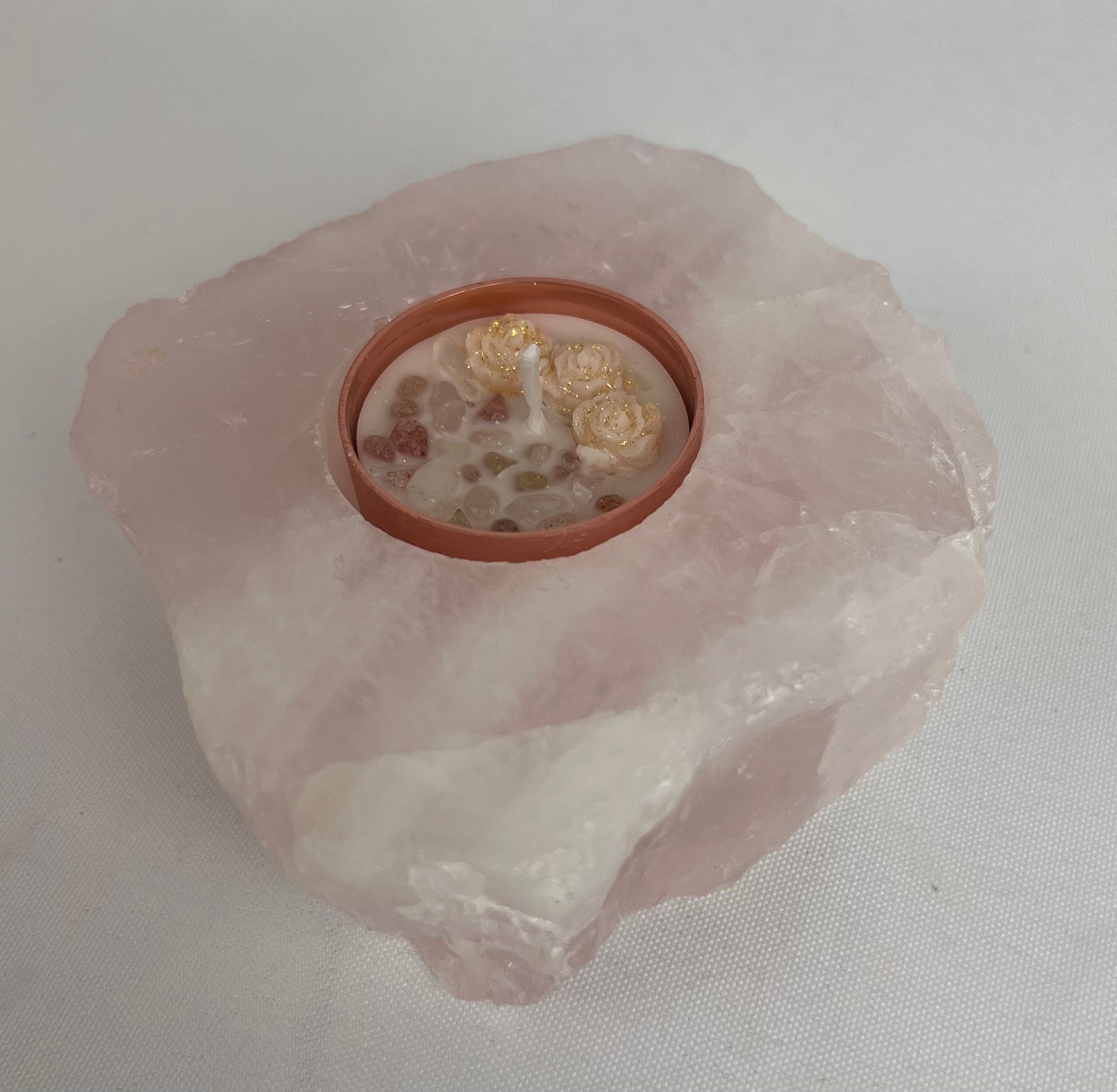 Rough Stone Candle Holder - Green, Rose, & White Quartz