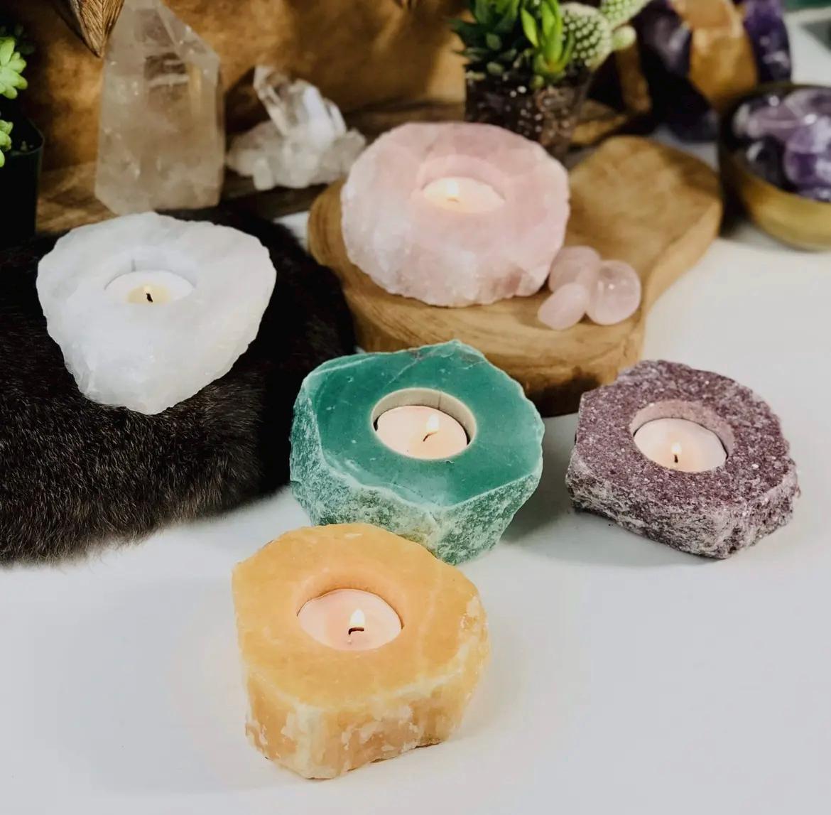 Rough Stone Candle Holder - Green, Rose, & White Quartz