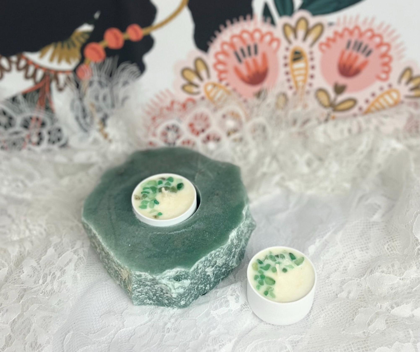 Rough Stone Candle Holder - Green, Rose, & White Quartz