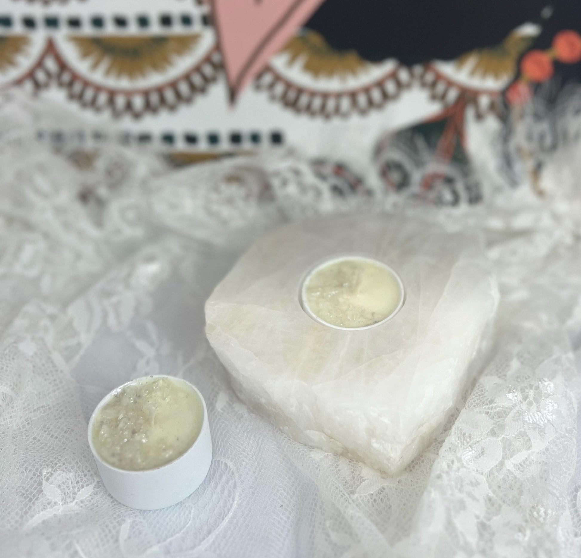Rough Stone Candle Holder - Green, Rose, & White Quartz