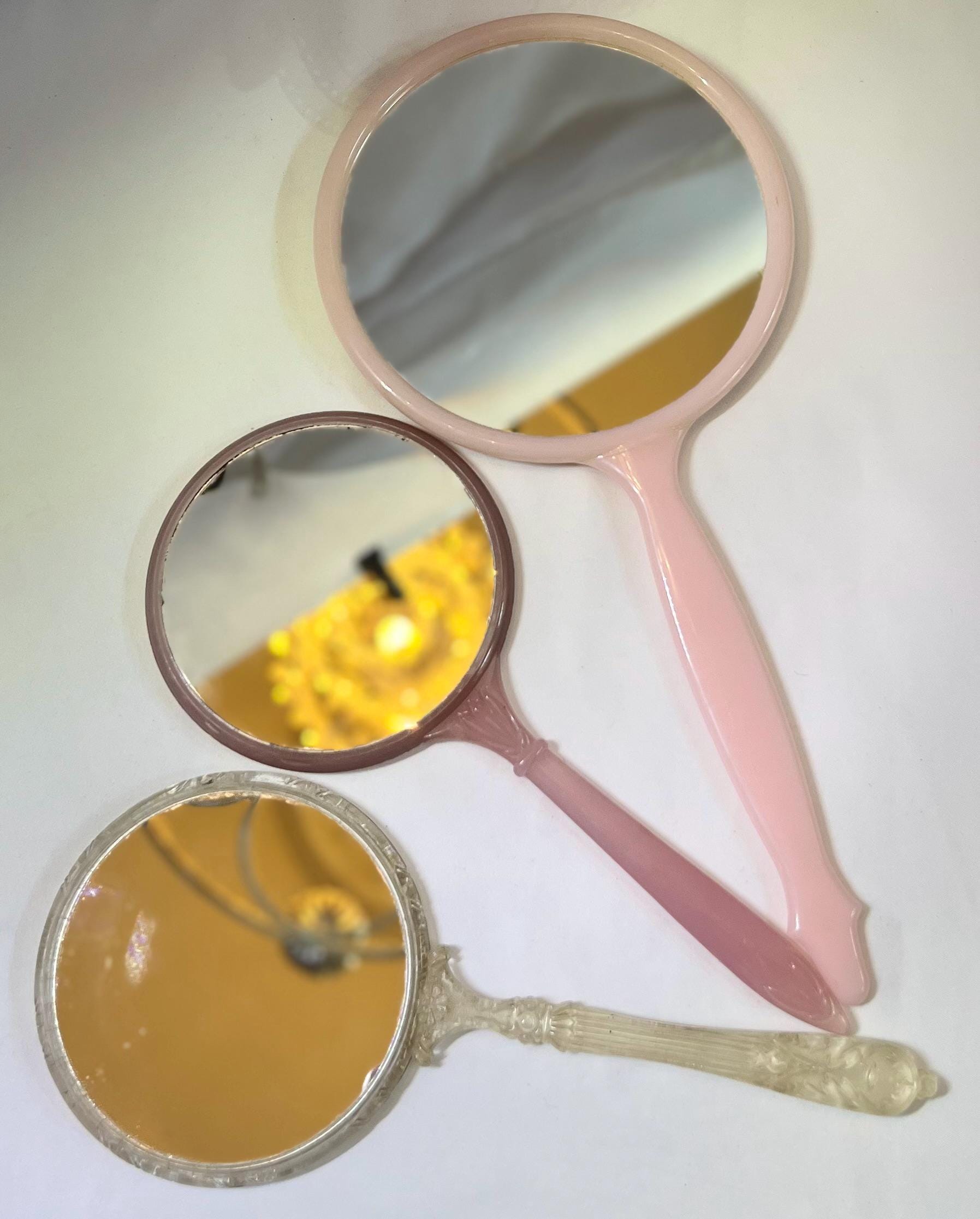 Lucite Handled Floral Vanity Plastic Handheld Mirrors