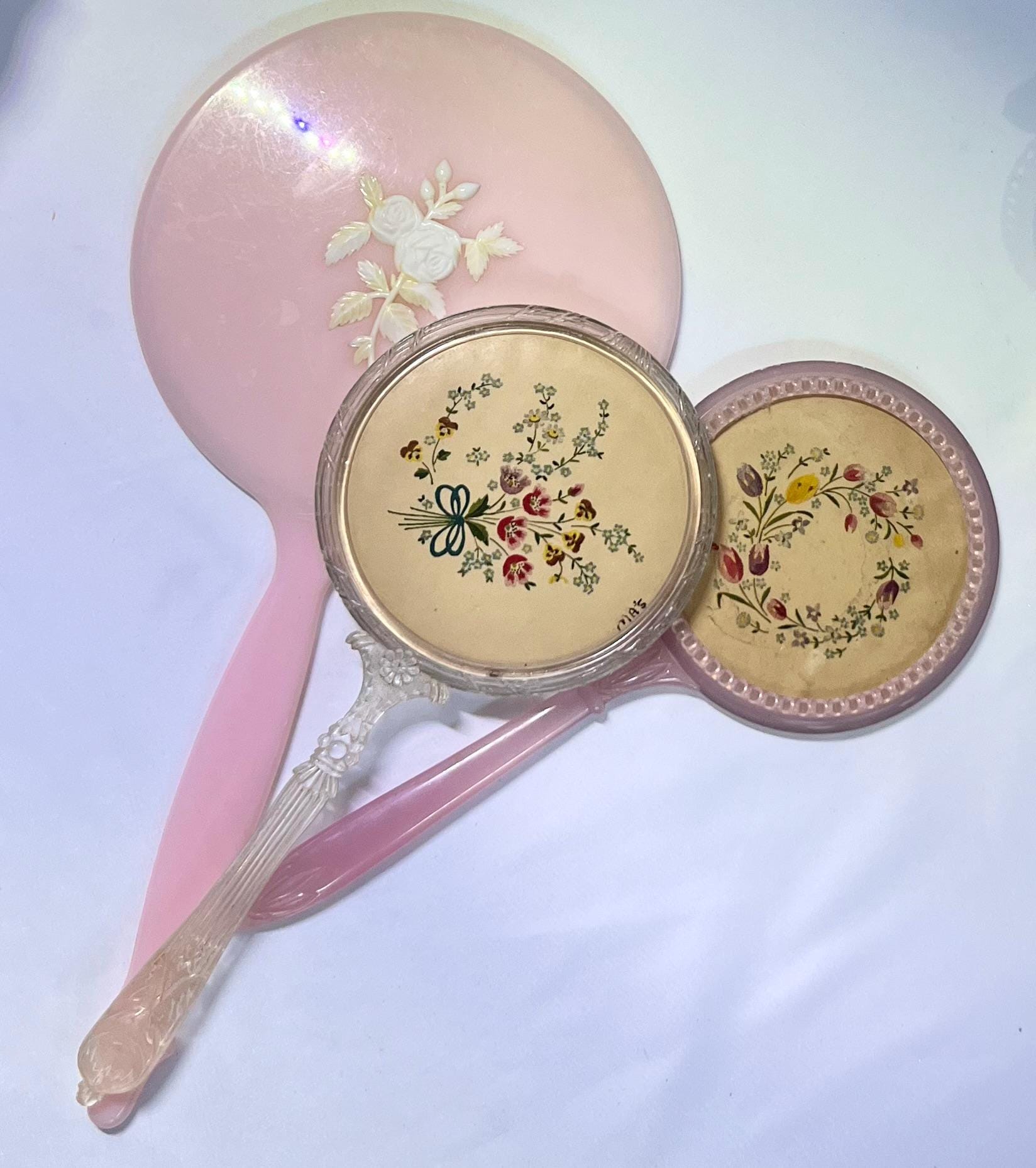 Lucite Handled Floral Vanity Plastic Handheld Mirrors