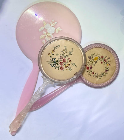 Lucite Handled Floral Vanity Plastic Handheld Mirrors