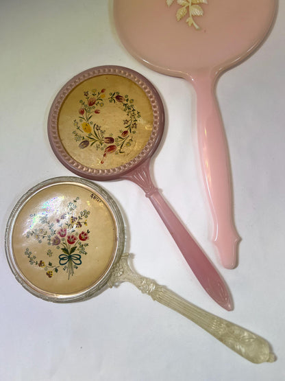 Lucite Handled Floral Vanity Plastic Handheld Mirrors
