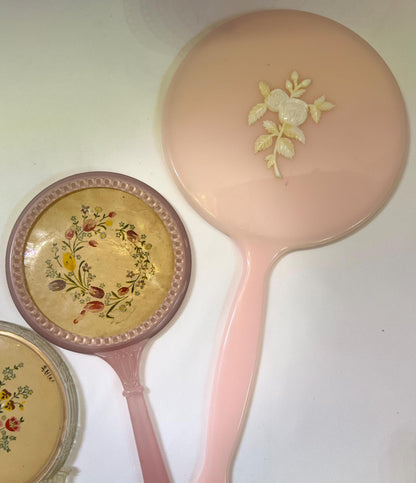 Lucite Handled Floral Vanity Plastic Handheld Mirrors