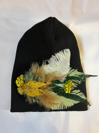 Golden Afternoon Stroll - Black Vintage Embellished Jeweled & Feathered Boho Knit Sparkly Winter Flapper Style Hat