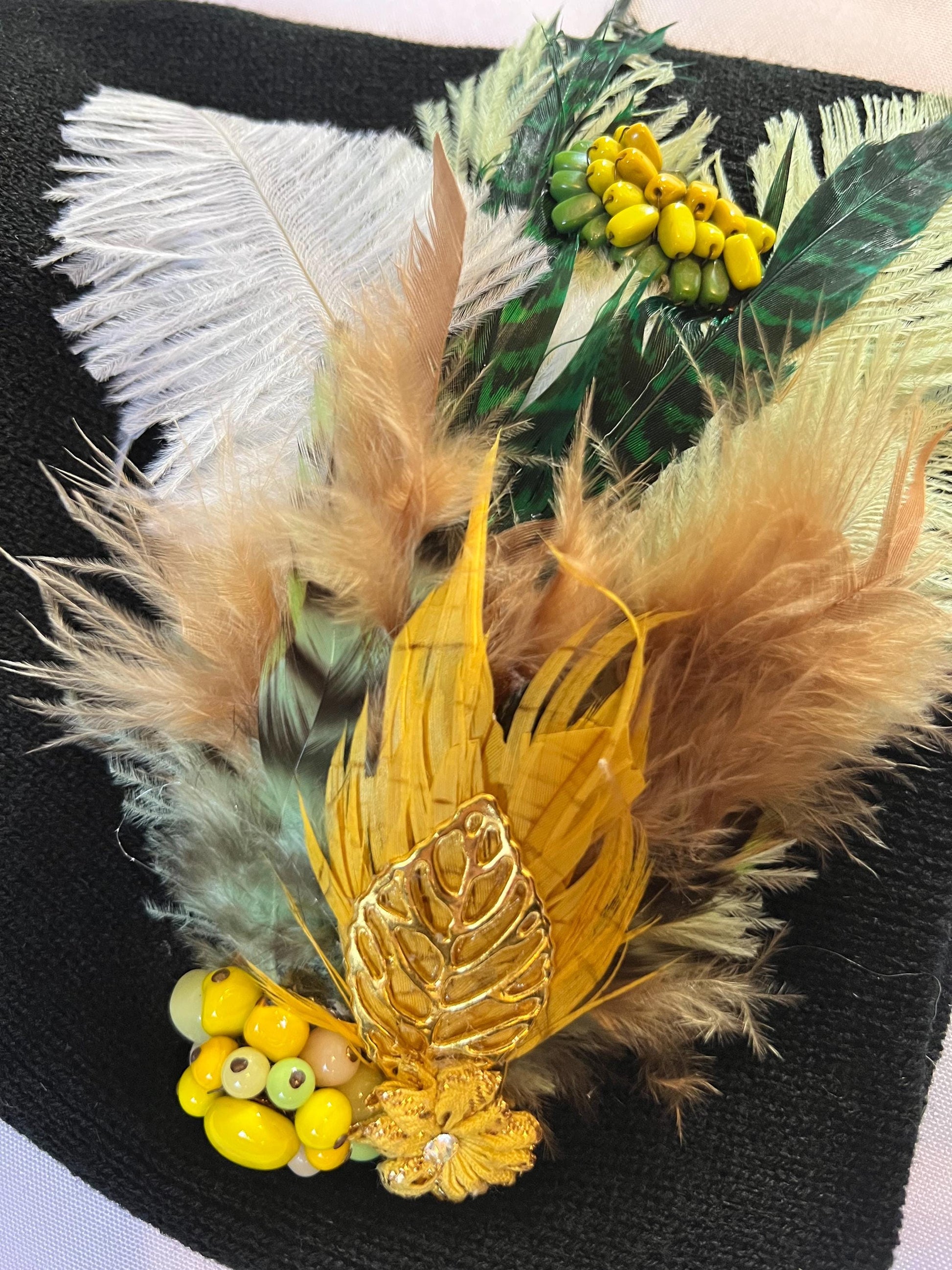 Golden Afternoon Stroll - Black Vintage Embellished Jeweled & Feathered Boho Knit Sparkly Winter Flapper Style Hat