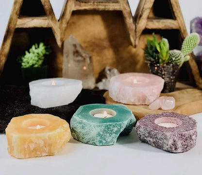 Rough Stone Candle Holder - Green, Rose, & White Quartz