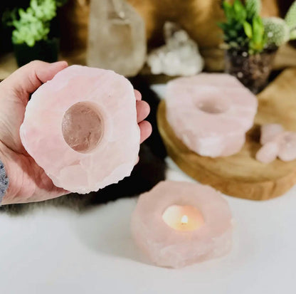 Rough Stone Candle Holder - Green, Rose, & White Quartz