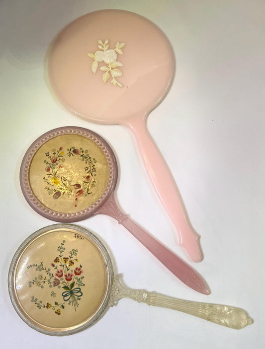 Lucite Handled Floral Vanity Plastic Handheld Mirrors