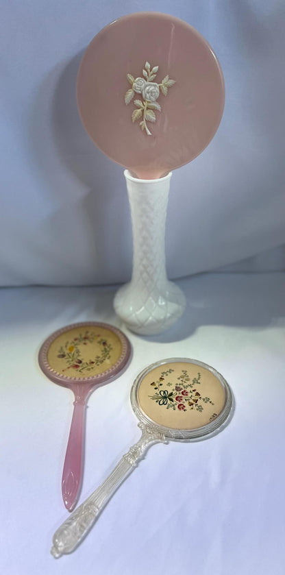 Lucite Handled Floral Vanity Plastic Handheld Mirrors