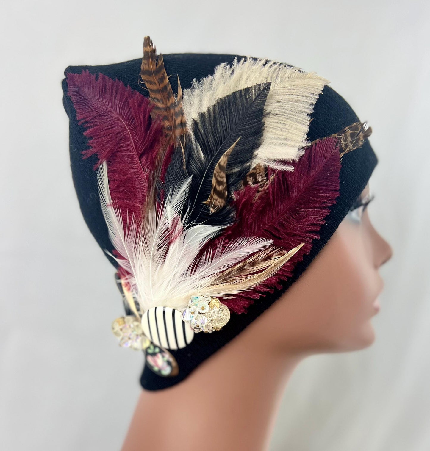 Retro Nights Black Vintage Jeweled & Feathered Fashionable Fancy Winter Hat