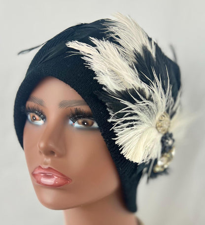 Retro Nights Black Vintage Jeweled & Feathered Fashionable Fancy Winter Hat