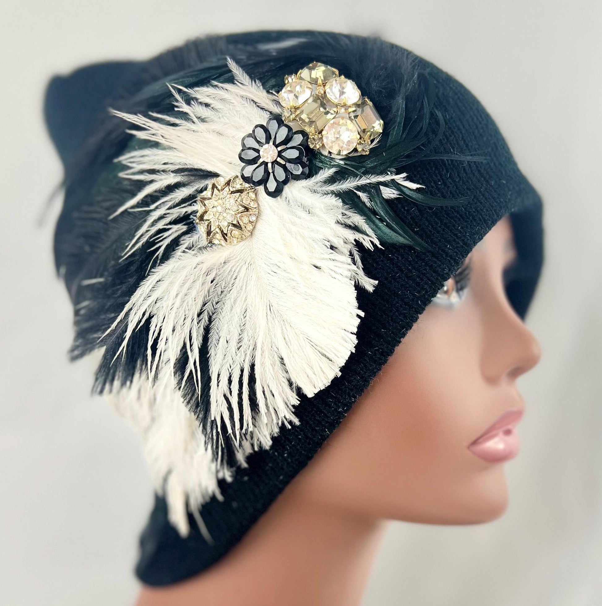 Retro Nights Black Vintage Jeweled & Feathered Fashionable Fancy Winter Hat