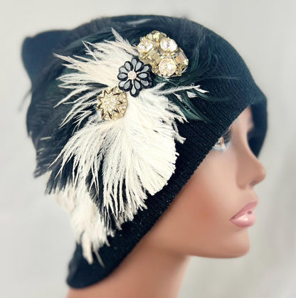 Retro Nights Black Vintage Jeweled & Feathered Fashionable Fancy Winter Hat