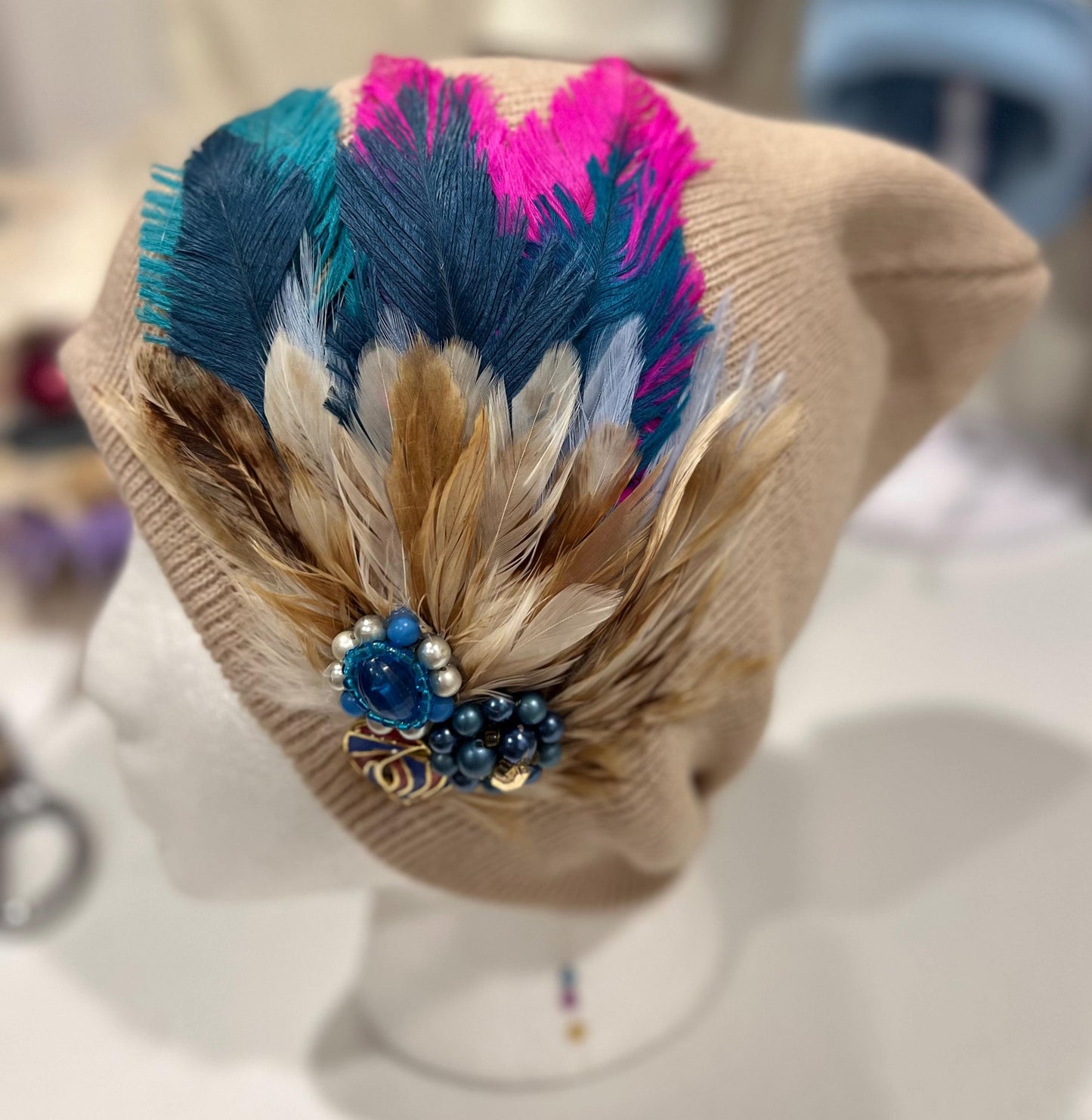 Vibrant Color Pop - Boho Fancy Feathered Jeweled Knit Beanie Winter Flapper Vintage Style