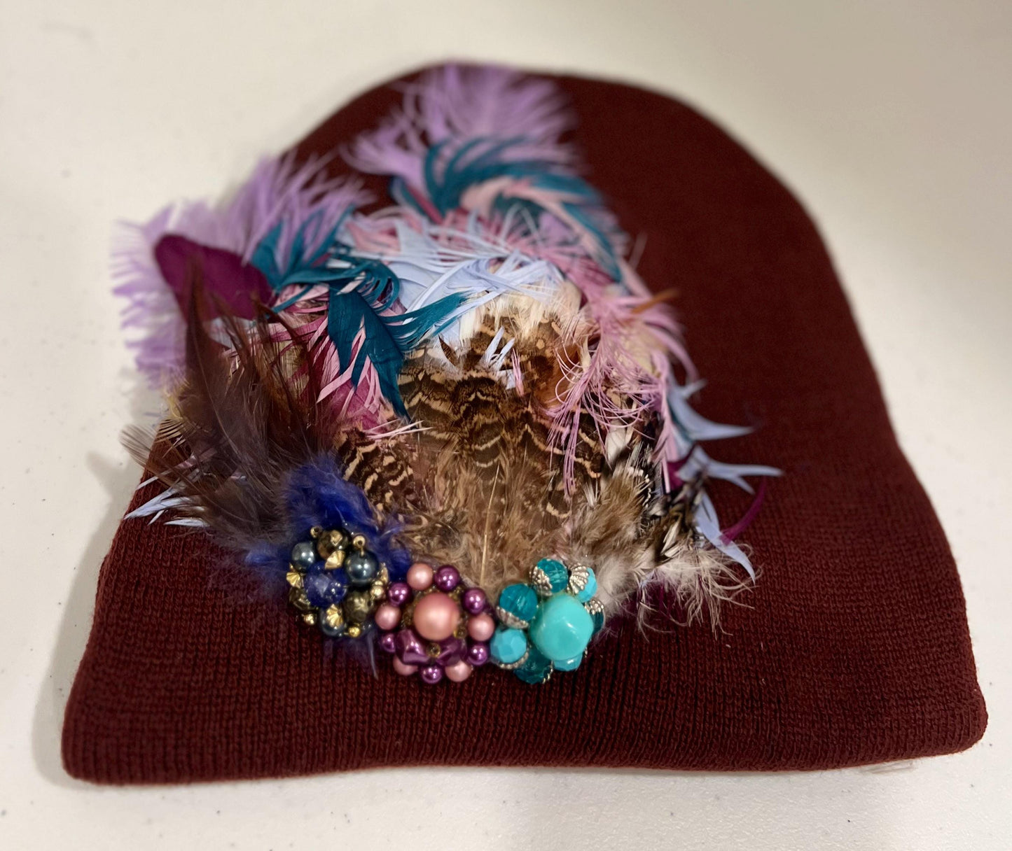 Unique Sparkly Flapper Beanie - Embellished Vintage Jeweled - Feathered Winter Knit Hat,