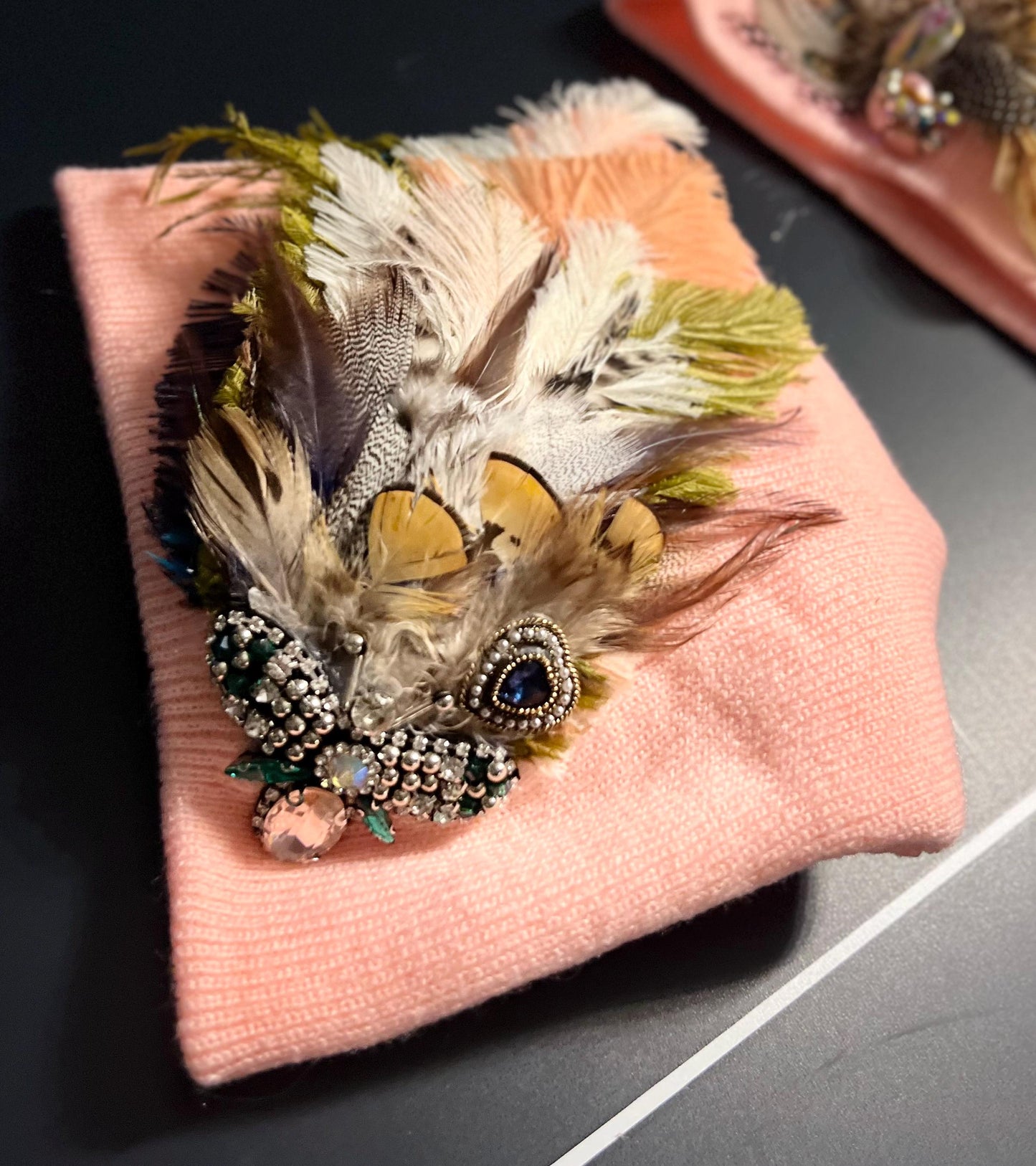 Butterfly Inspired Feathered Jeweled Knit Hat - Sparkly Winter Flapper Beanie