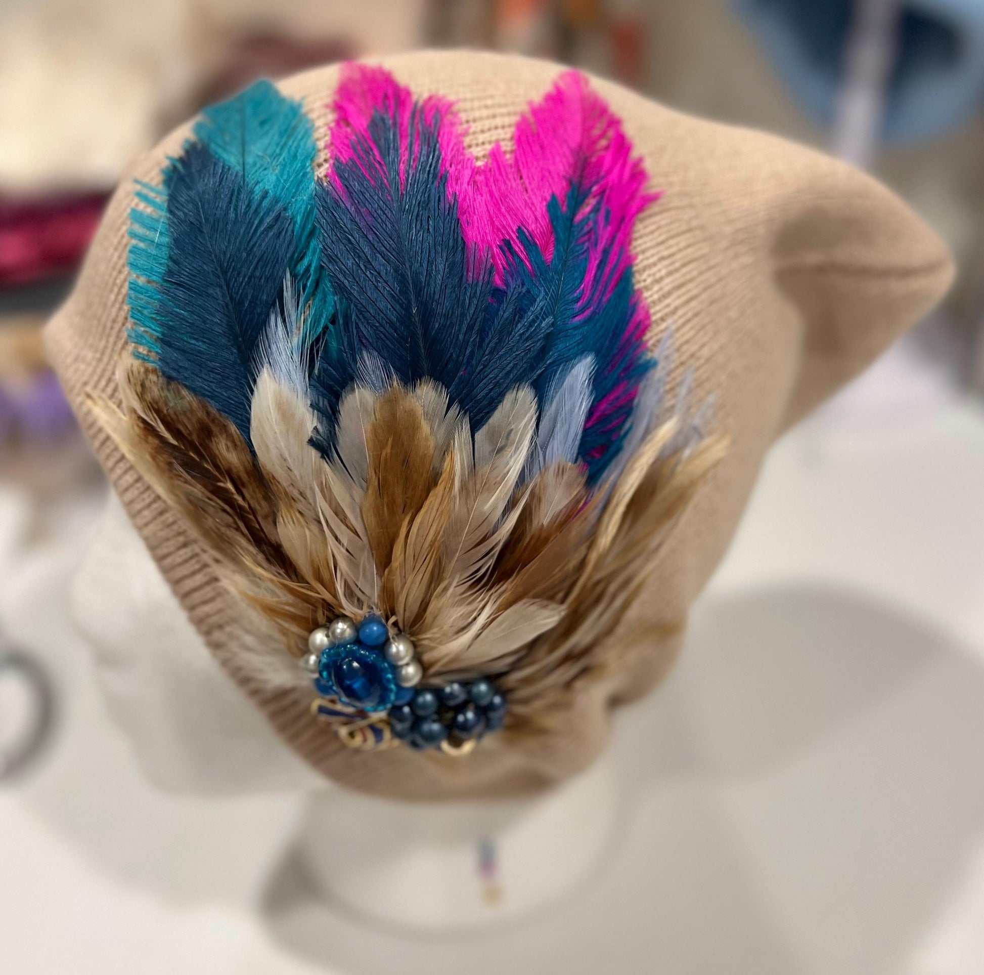 Vibrant Color Pop - Boho Fancy Feathered Jeweled Knit Beanie Winter Flapper Vintage Style