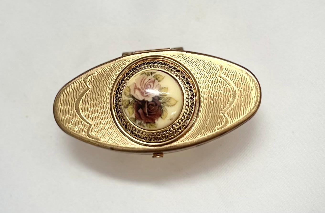 Rare Gold Enamel Floral Heart Filigree Detailed Vintage Lip Balm Mirror Ring