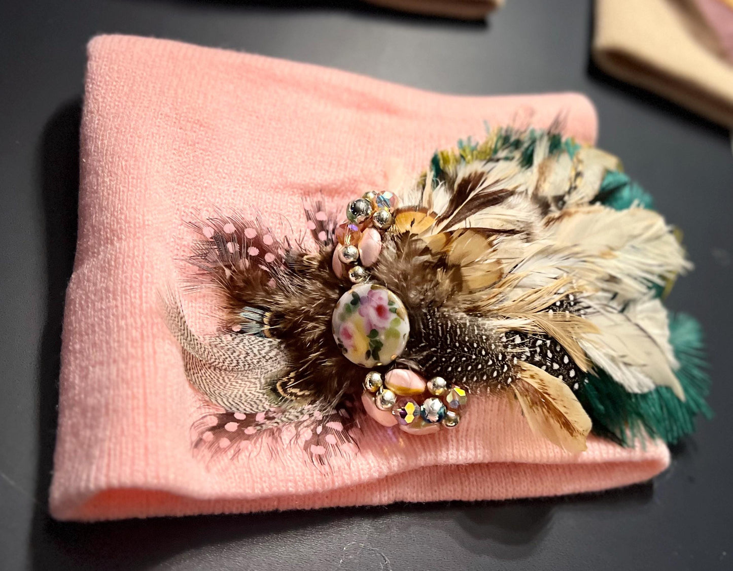 Butterfly Inspired Feathered Jeweled Knit Hat - Sparkly Winter Flapper Beanie