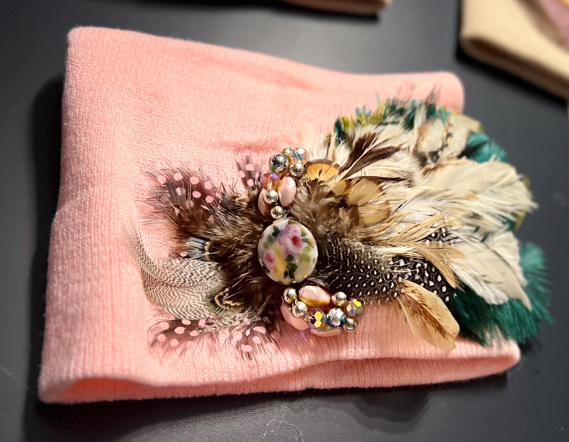 Butterfly Inspired Feathered Jeweled Knit Hat - Sparkly Winter Flapper Beanie
