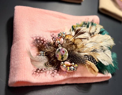 Butterfly Inspired Feathered Jeweled Knit Hat - Sparkly Winter Flapper Beanie