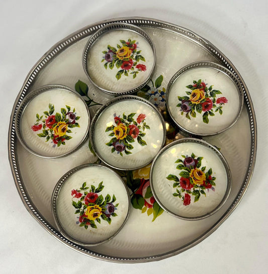 Glass & Metal Floral Design Tray & 6 Coasters